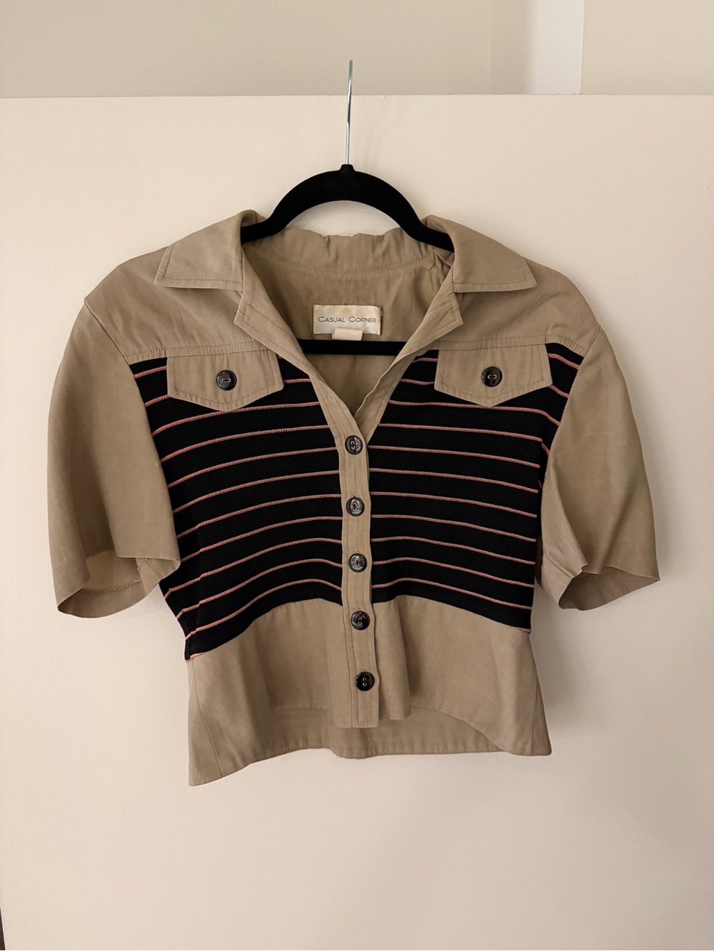 Casual Corner Khaki and Black Striped Crop Button-Front Top